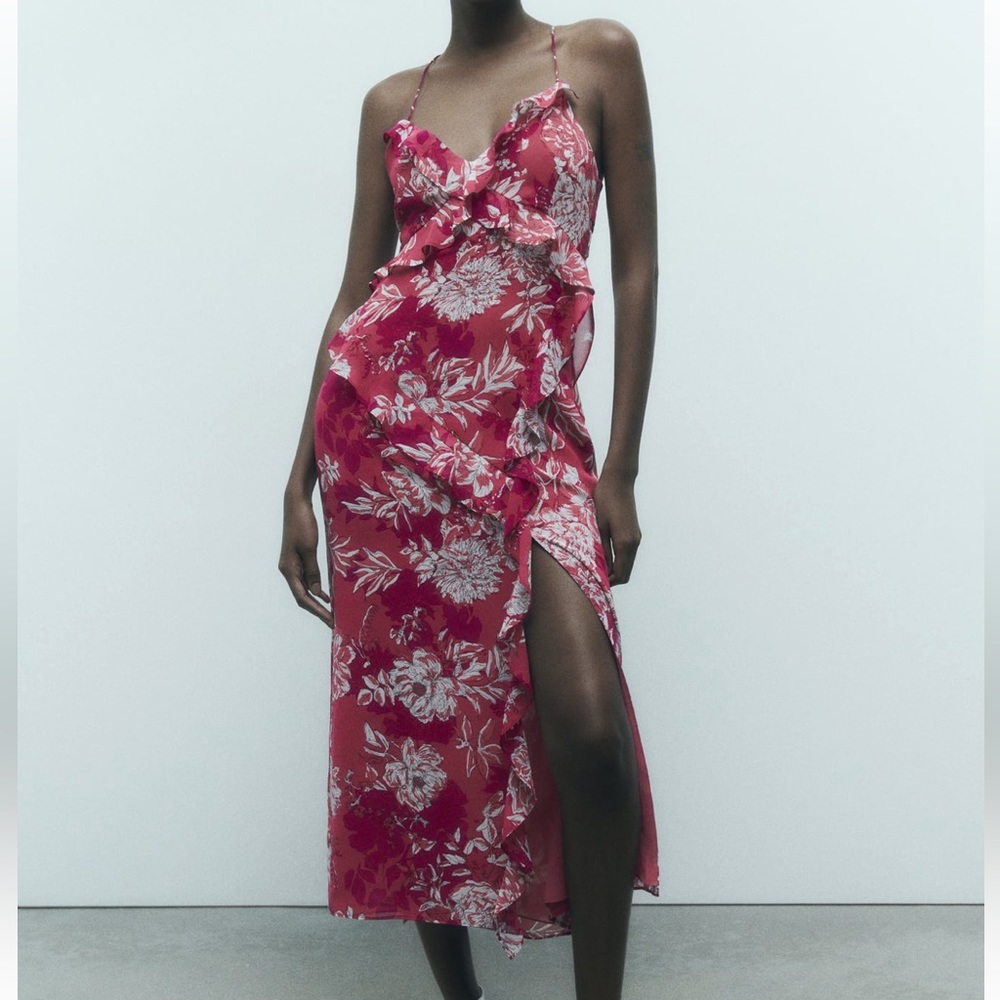 Zara Pink Floral Ruffled Slip Midi Dress